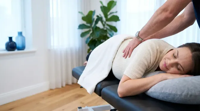 Prenatal chiropractor in Naples FL adjusting a pregnant patient in side posture at Bergtold Chiropractic